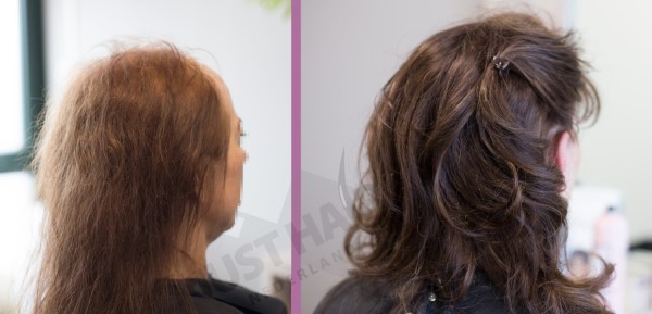 vrouw met en zonder maat haarwerk van Justhair